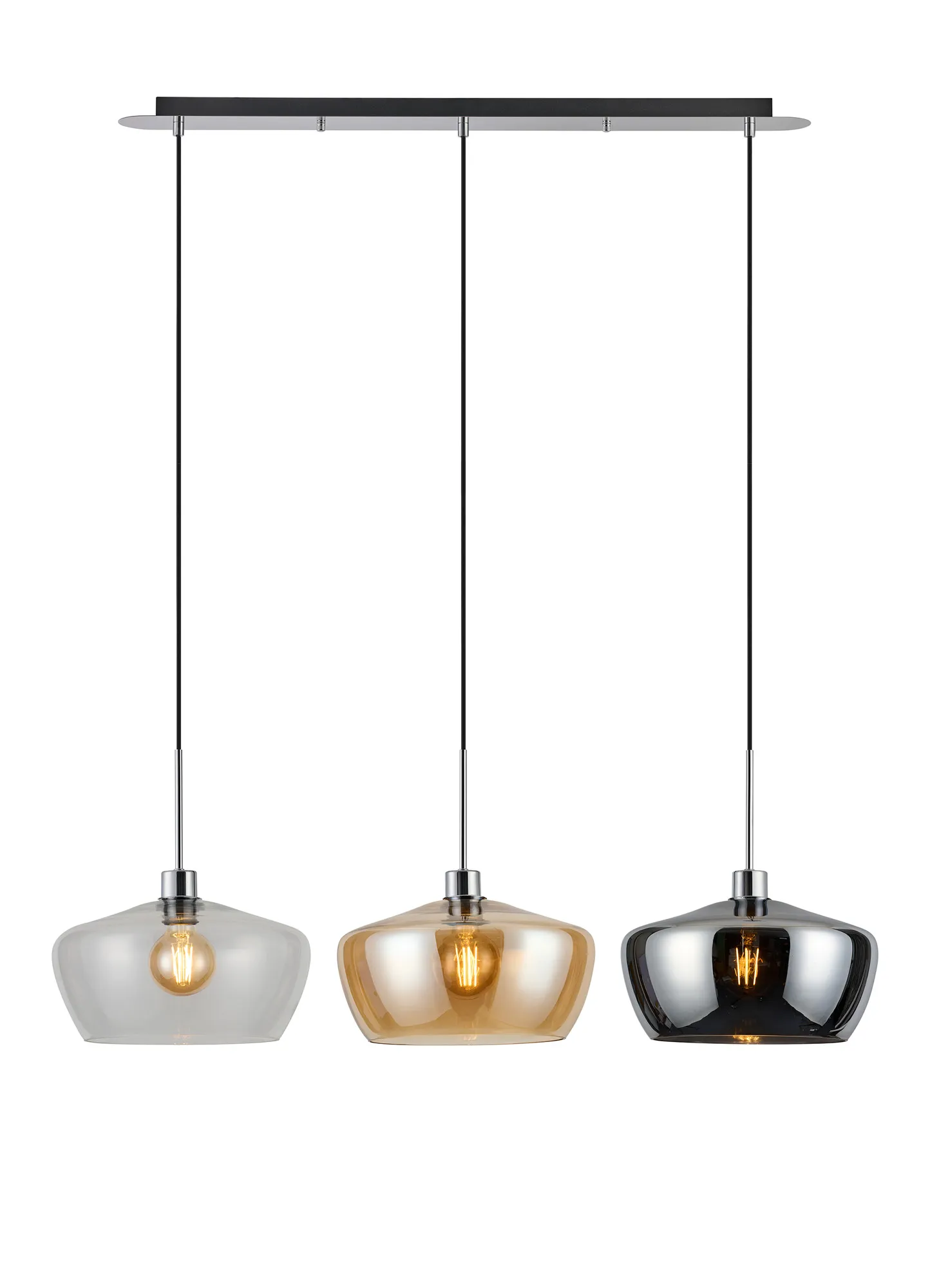 DK1313  Lori Linear Pendant, 3 Light Adjustable E27, Polished Chrome/Amber/Chrome/Clear Trapezium Shades